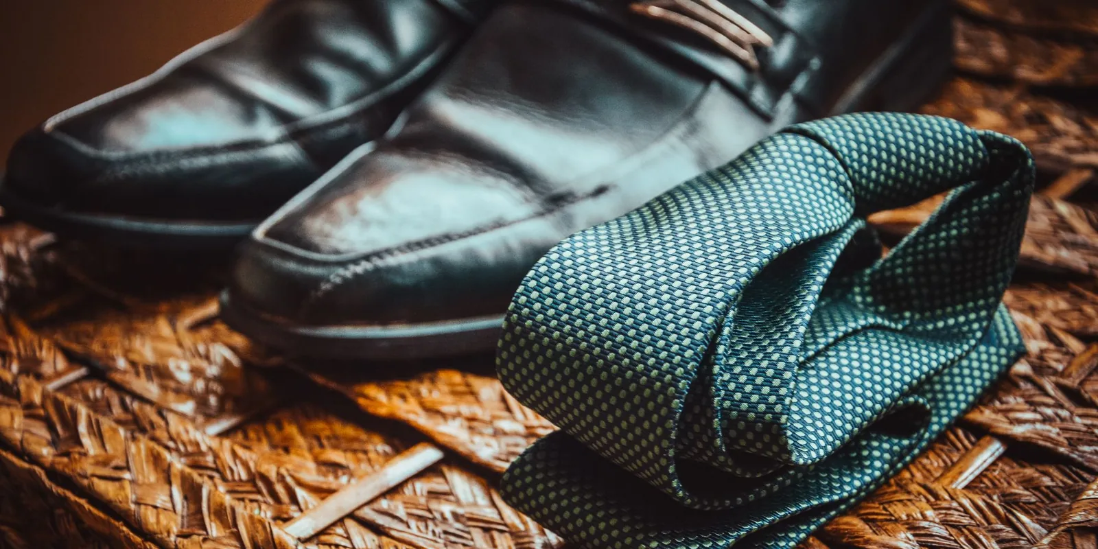 Close-up of a stylish necktie and polished leather shoes resting on a woven wicker surface